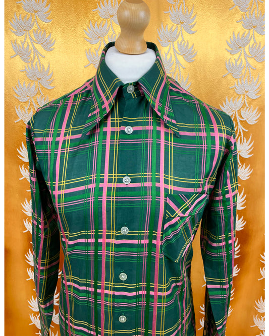 Vintage 1970’s Green Plaid Dagger Collar Shirt