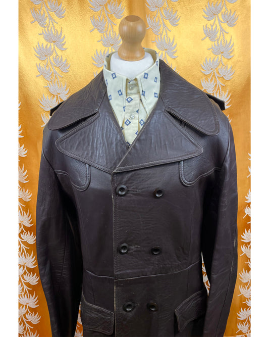 Vintage 1960’s Full Length Brown Leather Beagle Collar Trench Coat by Harrison Peters