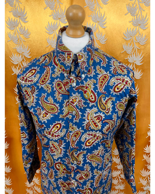 Vintage 1960’s 1970’s Blue Paisley Button Down Psychedelic Shirt by Denby Dale