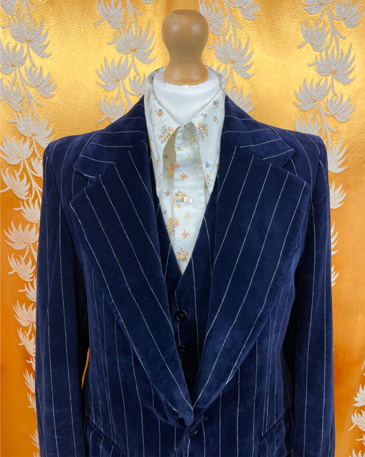 Vintage 1960’s 1970’s Blue Pinstirpe Flared Velvet Three-Piece Suit by Harold Tillman