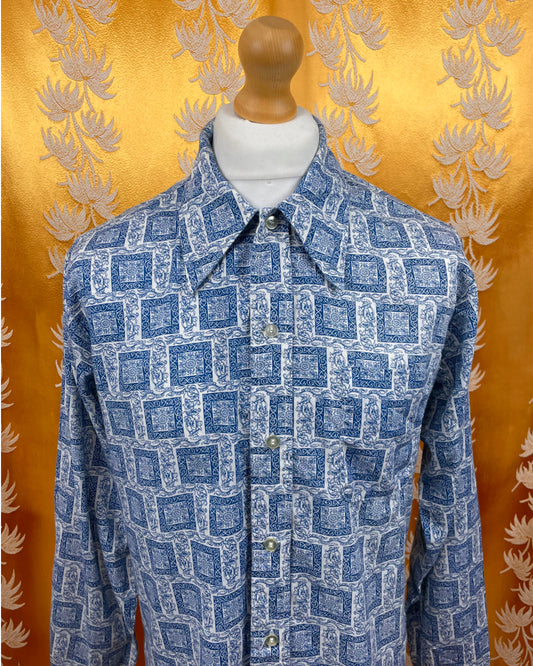 1960’s 1970’s Blue Floral Patterned Shirt by Donlin