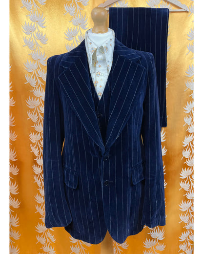 Vintage 1960’s 1970’s Blue Pinstirpe Flared Velvet Three-Piece Suit by Harold Tillman