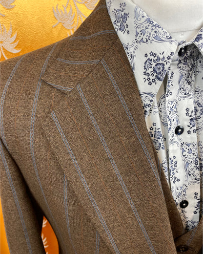Vintage 1960’s 1970’s Brown/Blue Pinstripe Three Piece Flared Suit