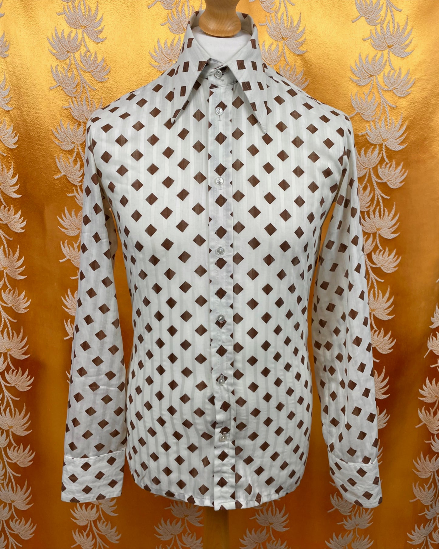 Vintage 1960’s 1970’s Dagger Collar Brown/White Shirt by John Langford of London