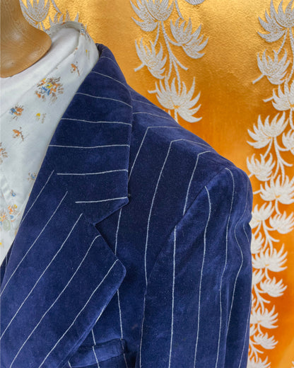 Vintage 1960’s 1970’s Blue Pinstirpe Flared Velvet Three-Piece Suit by Harold Tillman