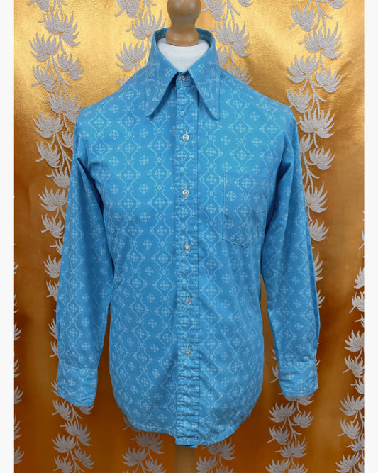 Vintage 1960’s 1970’s Blue Psychedelic Mod Beagle Collar Shirt by Triad