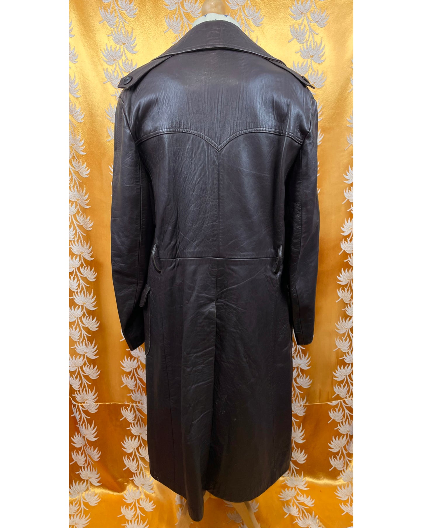 Vintage 1960’s Full Length Brown Leather Beagle Collar Trench Coat by Harrison Peters