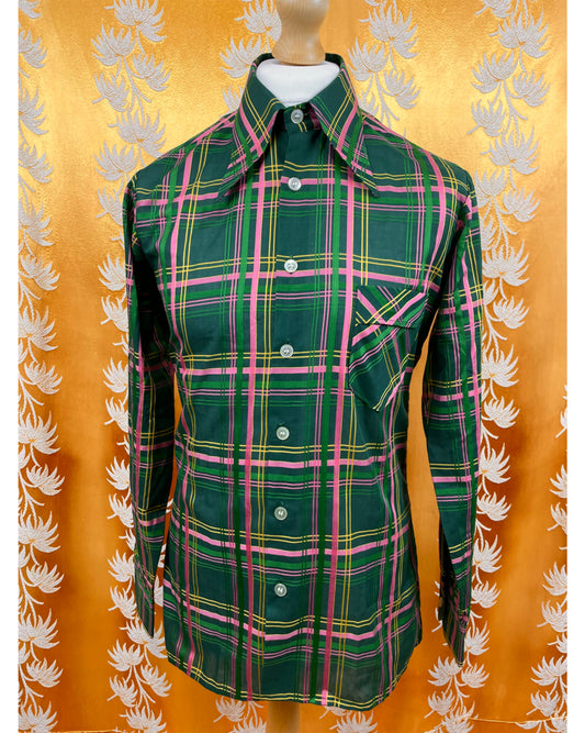 Vintage 1970’s Green Plaid Dagger Collar Shirt