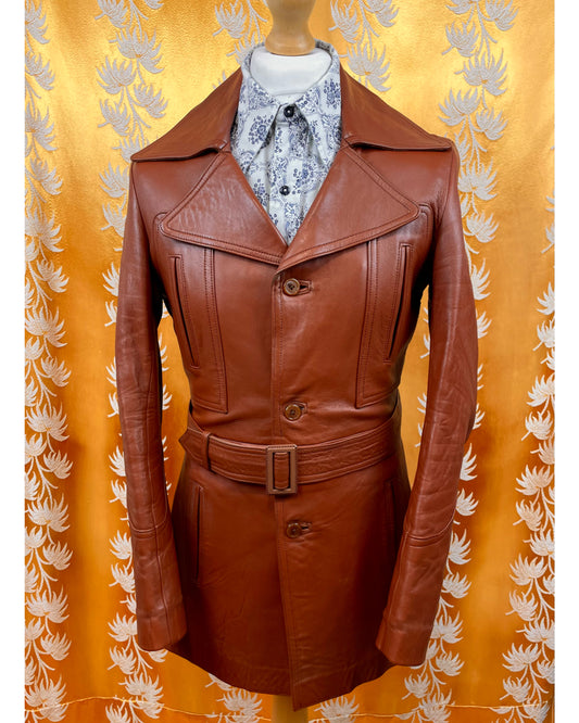 Vintage 1960’s 1970’s Belted Tan Leather Jacket by Barretts