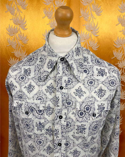 Vintage 1960’s 1970’s Blue and White Psychedelic Ranch Shirt