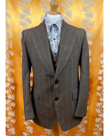 Vintage 1960’s 1970’s Brown/Blue Pinstripe Three Piece Flared Suit
