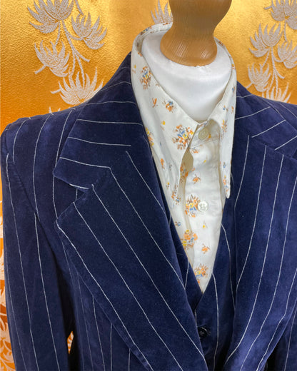 Vintage 1960’s 1970’s Blue Pinstirpe Flared Velvet Three-Piece Suit by Harold Tillman