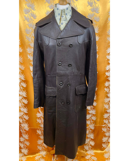 Vintage 1960’s Full Length Brown Leather Beagle Collar Trench Coat by Harrison Peters