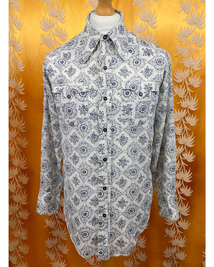 Vintage 1960’s 1970’s Blue and White Psychedelic Ranch Shirt