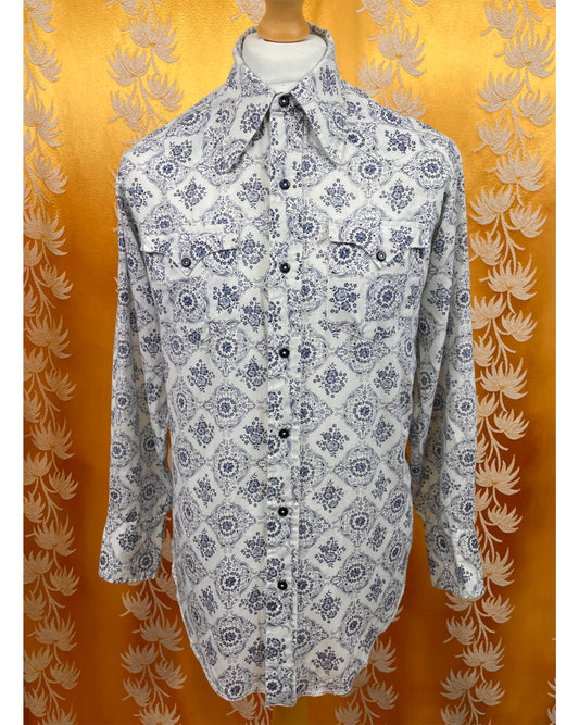Vintage 1960’s 1970’s Blue and White Psychedelic Ranch Shirt