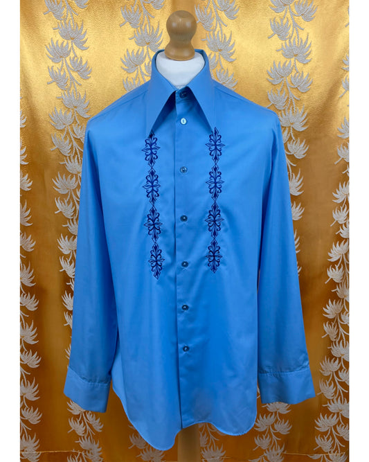 Vintage 1970’s Blue Patterned Dagger Collar Shirt