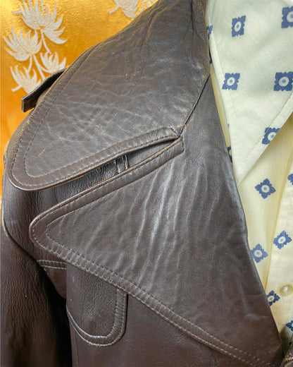 Vintage 1960’s Full Length Brown Leather Beagle Collar Trench Coat by Harrison Peters