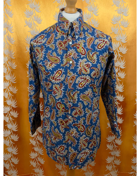 Vintage 1960’s 1970’s Blue Paisley Button Down Psychedelic Shirt by Denby Dale